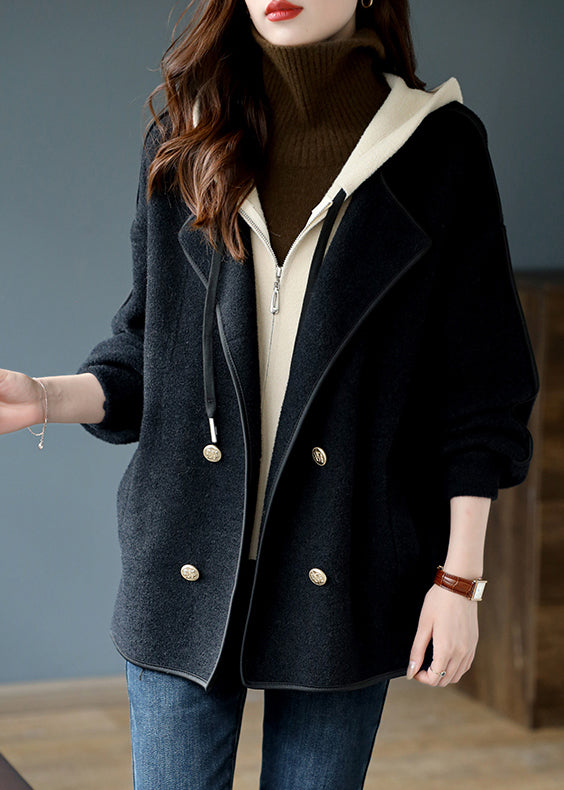 Black False Two Pieces Patchwork Woolen Hooded Coat Winter