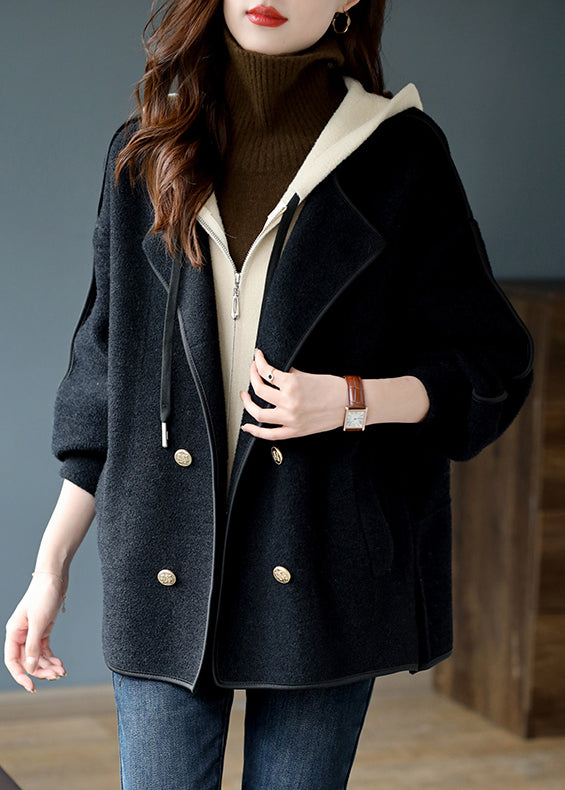 Black False Two Pieces Patchwork Woolen Hooded Coat Winter
