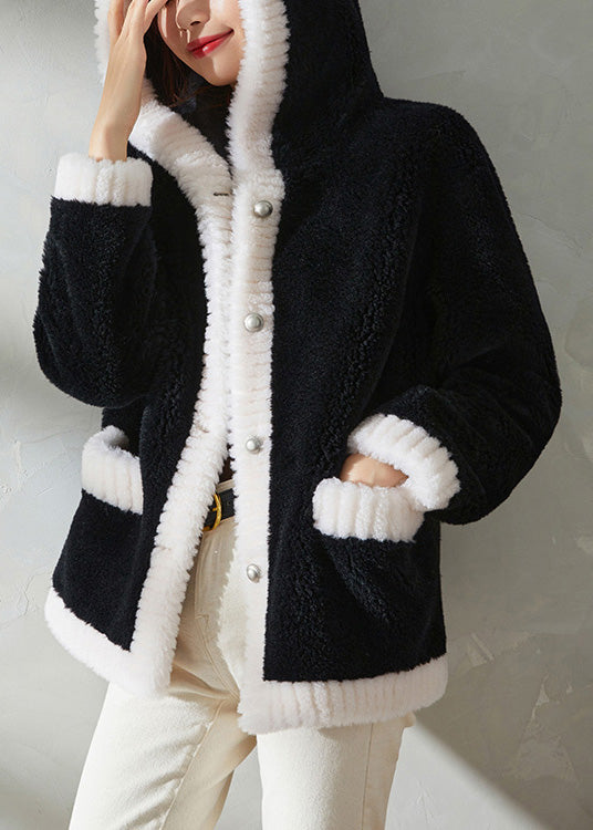Black Faux Fur Thick Button Hooded Coats Winter