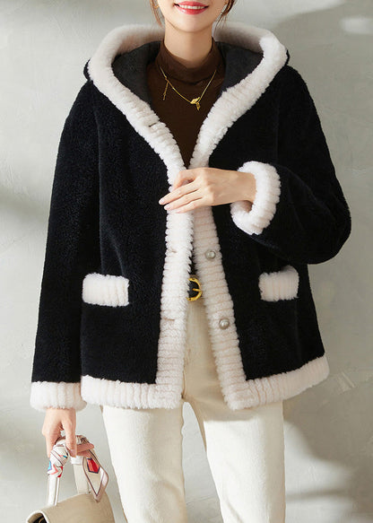 Black Faux Fur Thick Button Hooded Coats Winter
