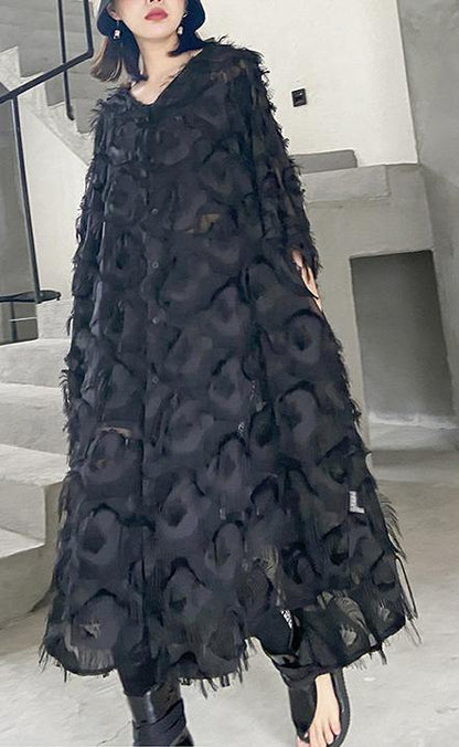 Black Feather Big Size Dress New V-spring Summer