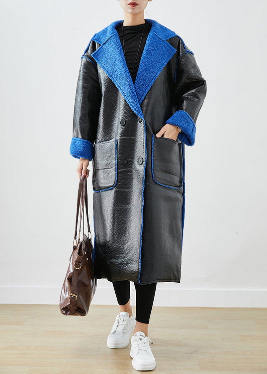Black Fleece Wool Lined Wear on Both Sides Faux Leather Coat Outwear Winter