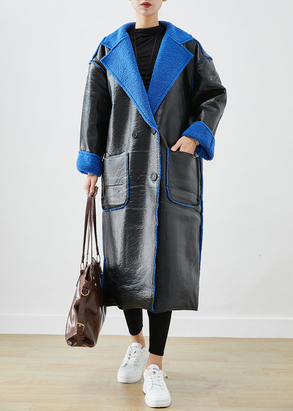 Black Fleece Wool Lined Wear on Both Sides Faux Leather Coat Outwear Winter
