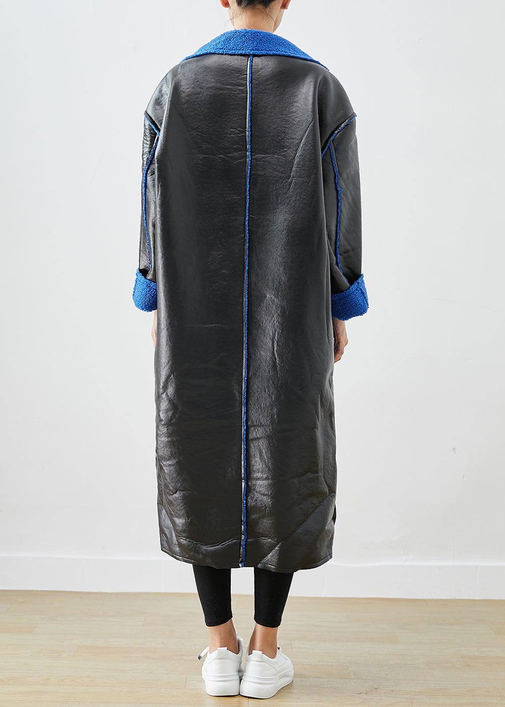 Black Fleece Wool Lined Wear on Both Sides Faux Leather Coat Outwear Winter
