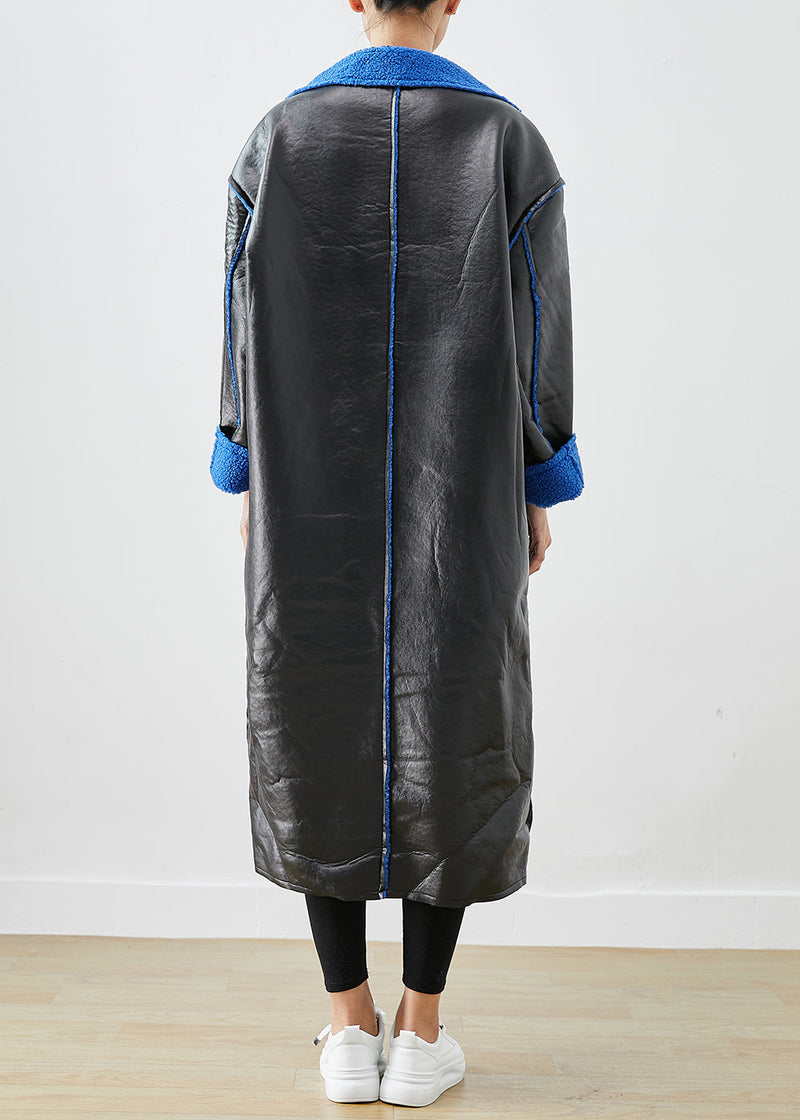 Black Fleece Wool Lined Wear on Both Sides Faux Leather Coat Outwear Winter