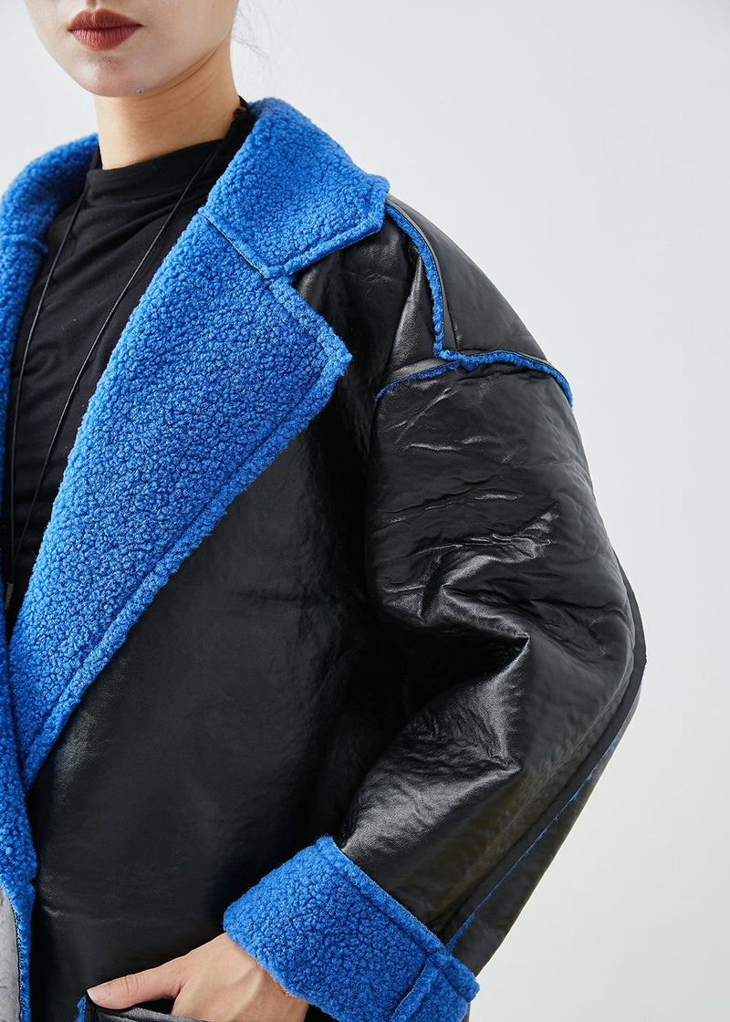 Black Fleece Wool Lined Wear on Both Sides Faux Leather Coat Outwear Winter