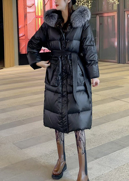 Black Fox Collar Tie Waist Patchwork Duck Down Coats Winter