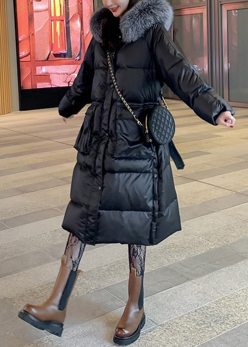 Black Fox Collar Tie Waist Patchwork Duck Down Coats Winter