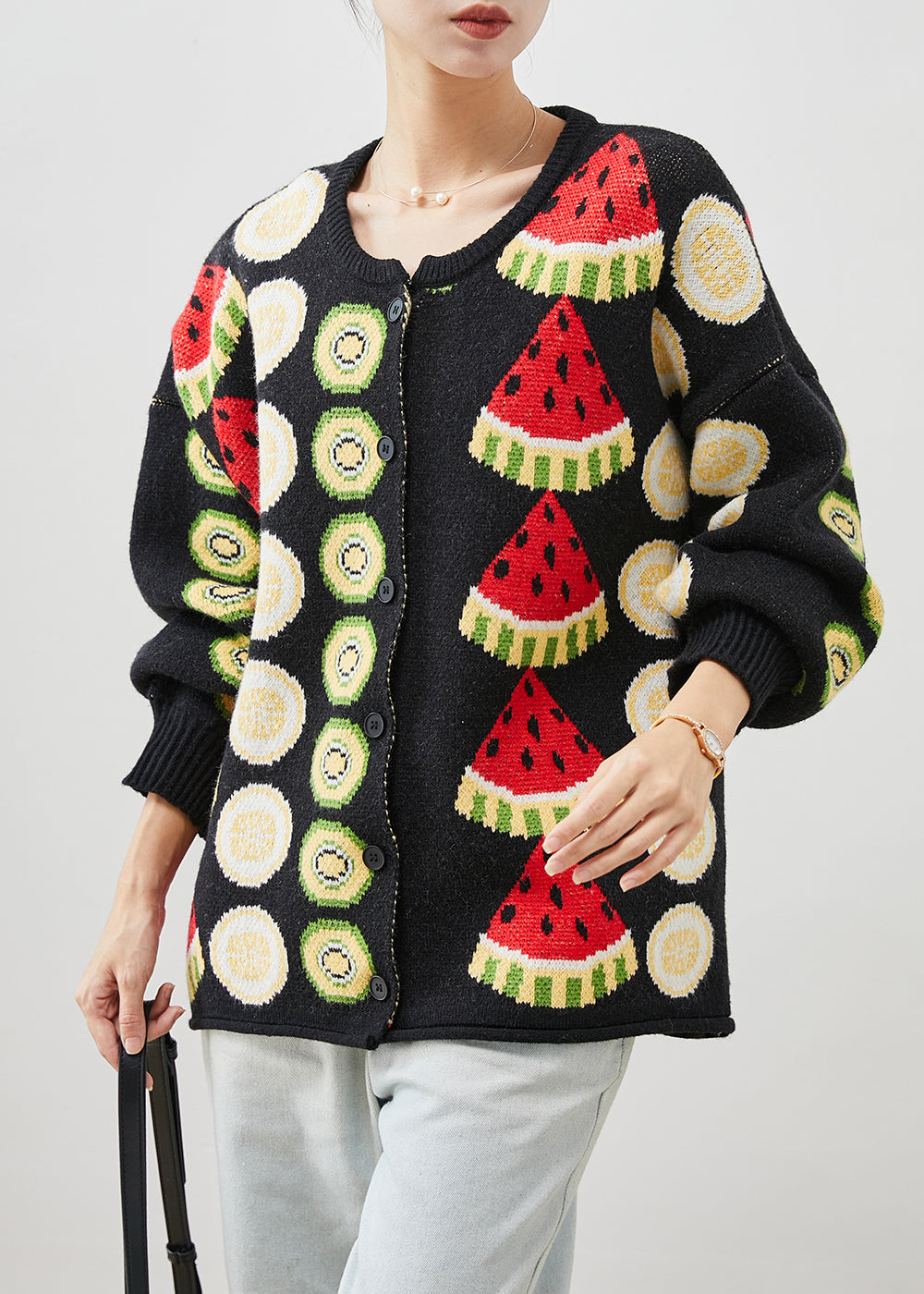 Black Fruit Print Oversized Knit Cardigans Winter