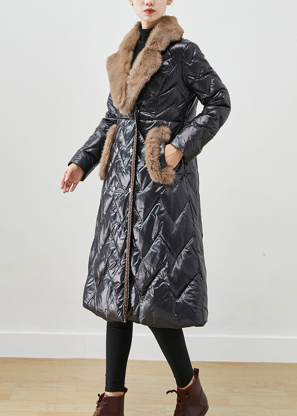 Black Fur Collar Patchwork Duck Down Puffers Jackets Winter