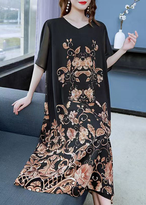 Black Gold V Neck Print Patchwork Chiffon Dress Summer