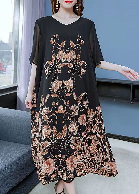 Black Gold V Neck Print Patchwork Chiffon Dress Summer