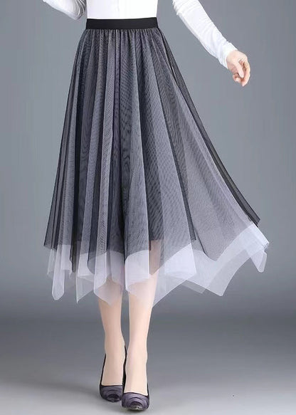 Black Grey Asymmetrical Wrinkled Tulle Skirt Spring