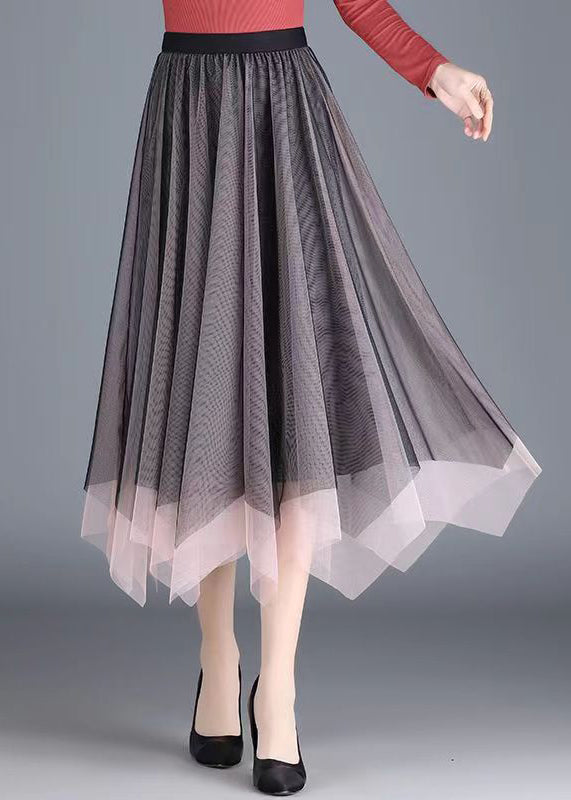Black Grey Asymmetrical Wrinkled Tulle Skirt Spring