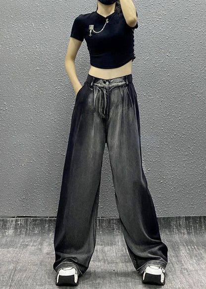 Black Grey Pockets Patchwork Denim Wide Leg Pants Spring