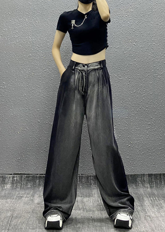 Black Grey Pockets Patchwork Denim Wide Leg Pants Spring