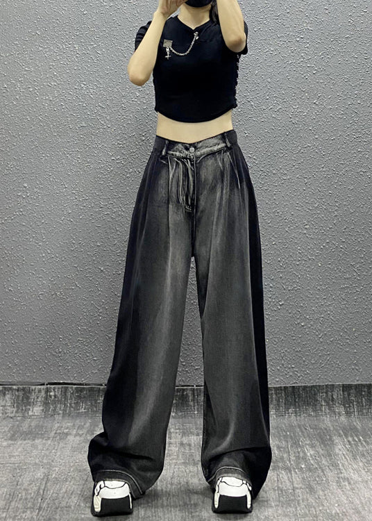 Black Grey Pockets Patchwork Denim Wide Leg Pants Spring