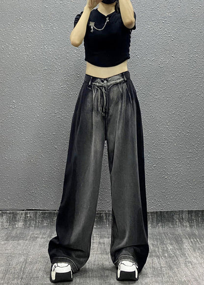 Black Grey Pockets Patchwork Denim Wide Leg Pants Spring