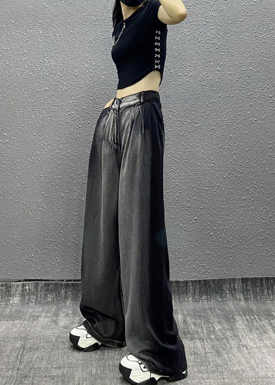 Black Grey Pockets Patchwork Denim Wide Leg Pants Spring
