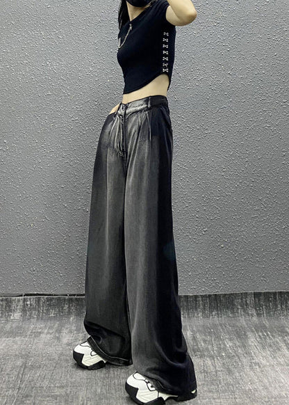 Black Grey Pockets Patchwork Denim Wide Leg Pants Spring
