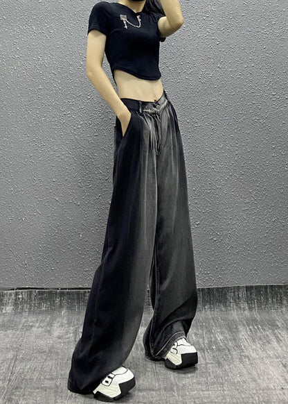 Black Grey Pockets Patchwork Denim Wide Leg Pants Spring