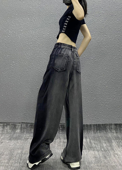 Black Grey Pockets Patchwork Denim Wide Leg Pants Spring