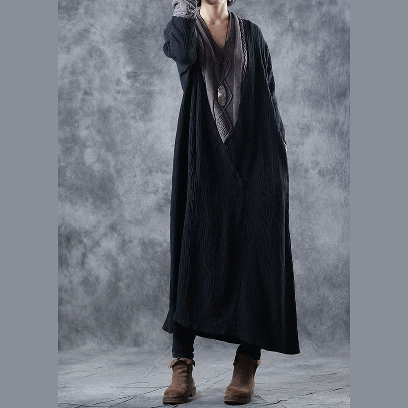 Black Grey V Neck Pockets Patchwork Fall Knit Long Sleeve Dress