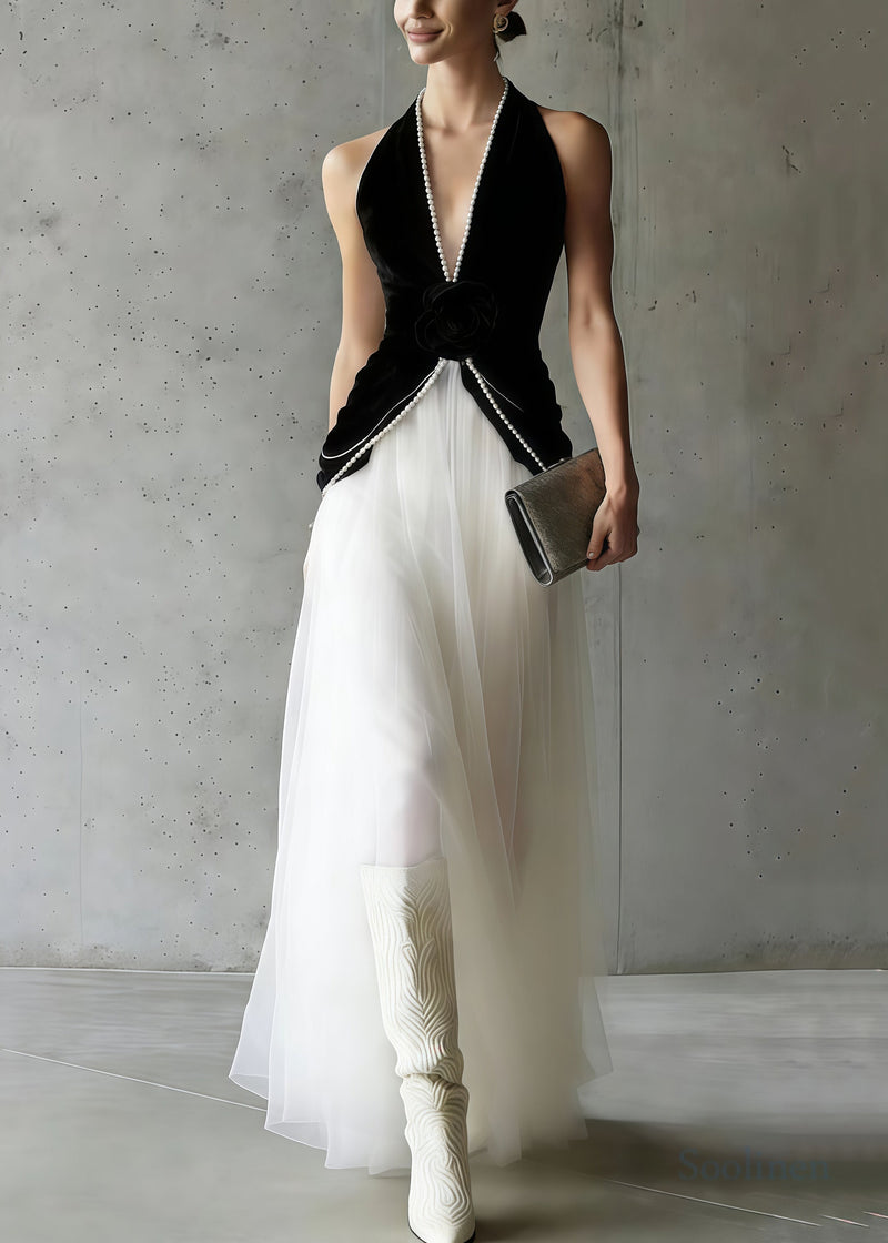 Black Halter Patchwork Tulle Flower Decorated Dinner Dress Sleeveless
