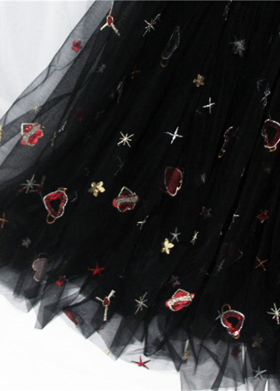 Black Hearts Embroideried Sequins Tulle Long Skirt Spring