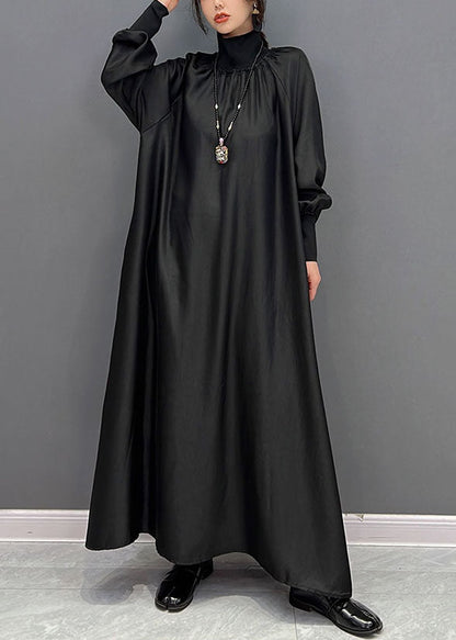 Black High Neck Oversized Silk Long Dress Spring