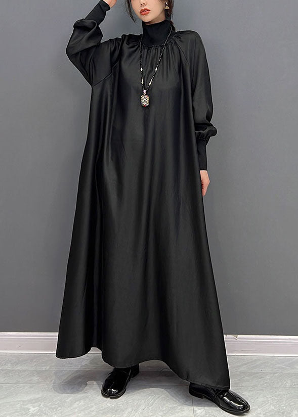 Black High Neck Oversized Silk Long Dress Spring
