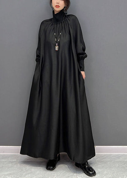 Black High Neck Oversized Silk Long Dress Spring