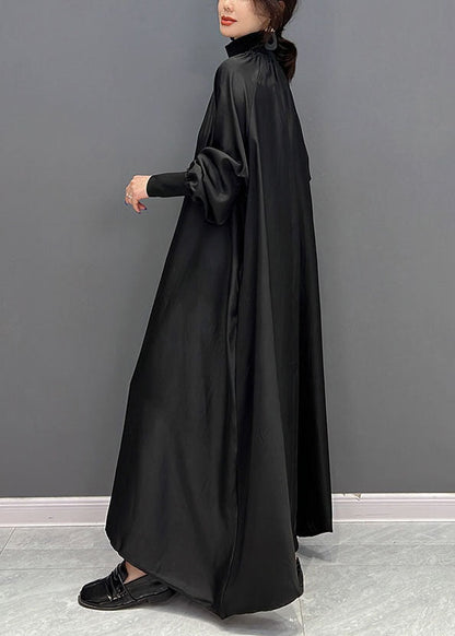 Black High Neck Oversized Silk Long Dress Spring