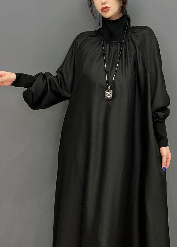 Black High Neck Oversized Silk Long Dress Spring