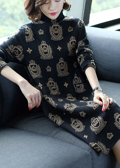 Black High Neck Print Pockets Knit Sweater Dress Long Sleeve