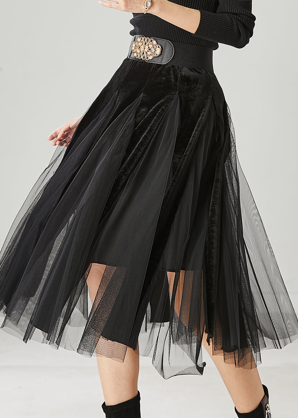 Black High Waist Patchwork Tulle Velvet Dress Spring
