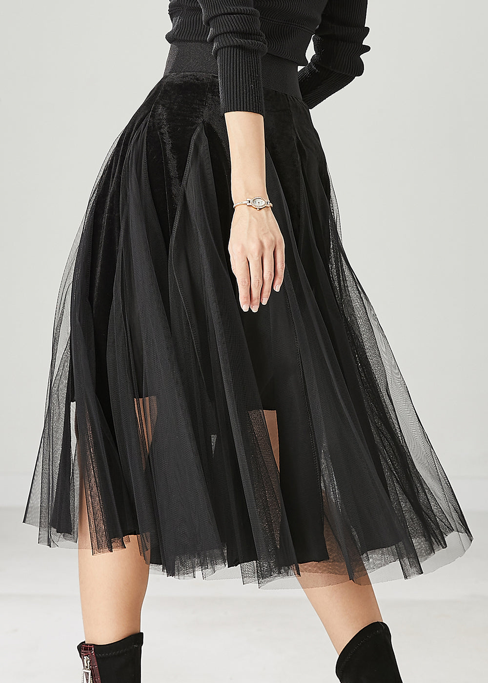 Black High Waist Patchwork Tulle Velvet Dress Spring