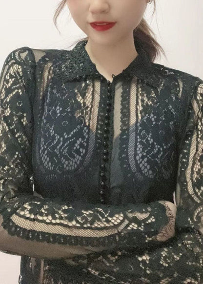 Women Black Hign Neck Bead Button Cotton Lace Top Fall