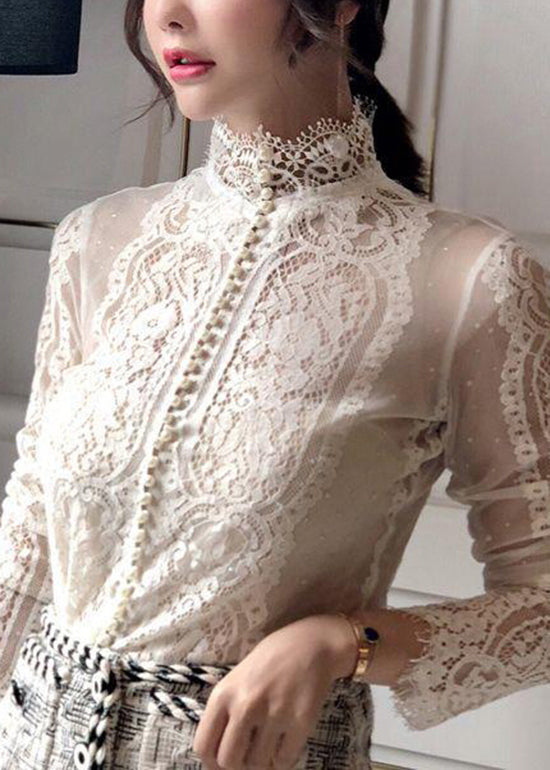 Women Black Hign Neck Bead Button Cotton Lace Top Fall