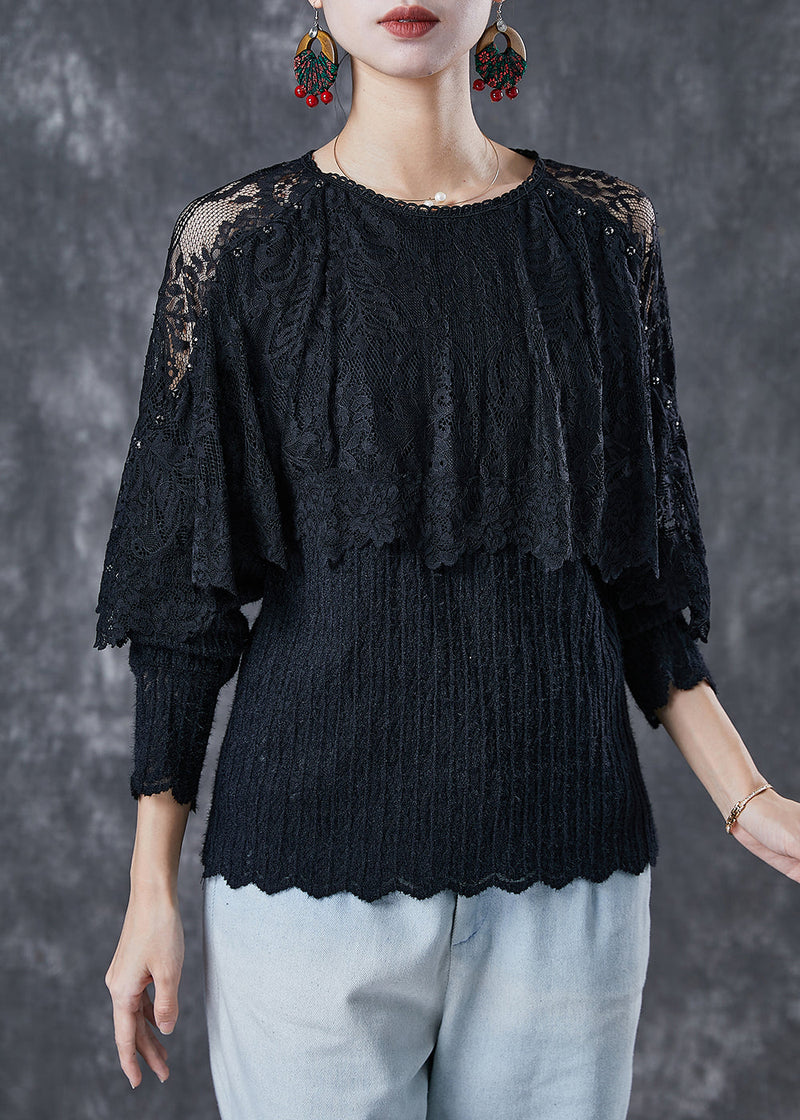 Black Hollow Out Patchwork Lace Tops Spring