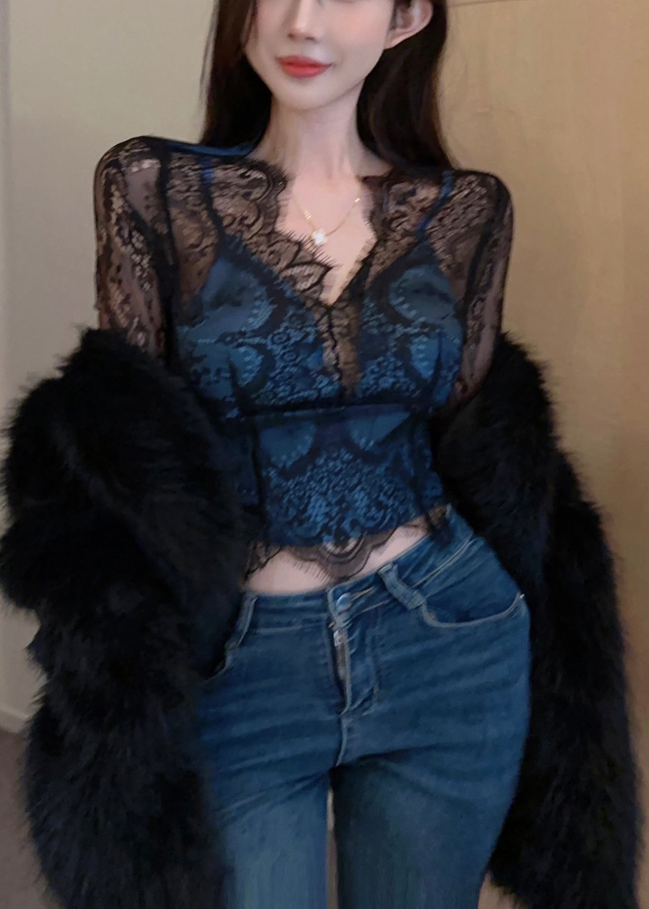 Women Black Hollow Out Patchwork Lace Tops