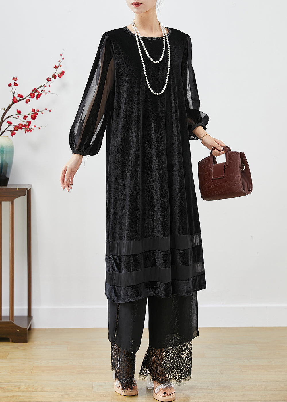 Black Hollow Out Patchwork Silk Velour Maxi Dresses Bracelet Sleeve