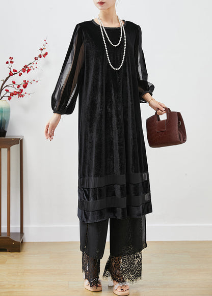 Black Hollow Out Patchwork Silk Velour Maxi Dresses Bracelet Sleeve