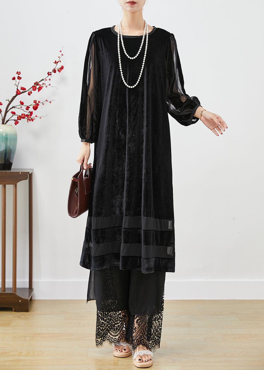 Black Hollow Out Patchwork Silk Velour Maxi Dresses Bracelet Sleeve