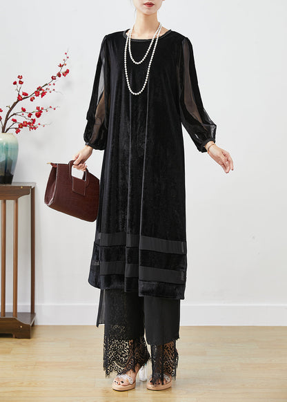 Black Hollow Out Patchwork Silk Velour Maxi Dresses Bracelet Sleeve
