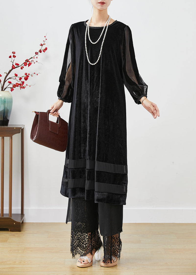 Black Hollow Out Patchwork Silk Velour Maxi Dresses Bracelet Sleeve