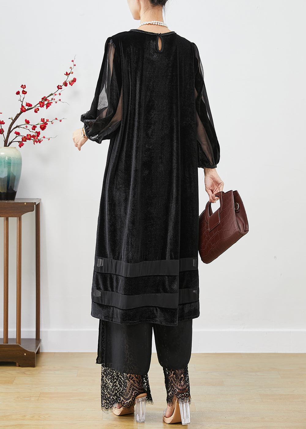 Black Hollow Out Patchwork Silk Velour Maxi Dresses Bracelet Sleeve