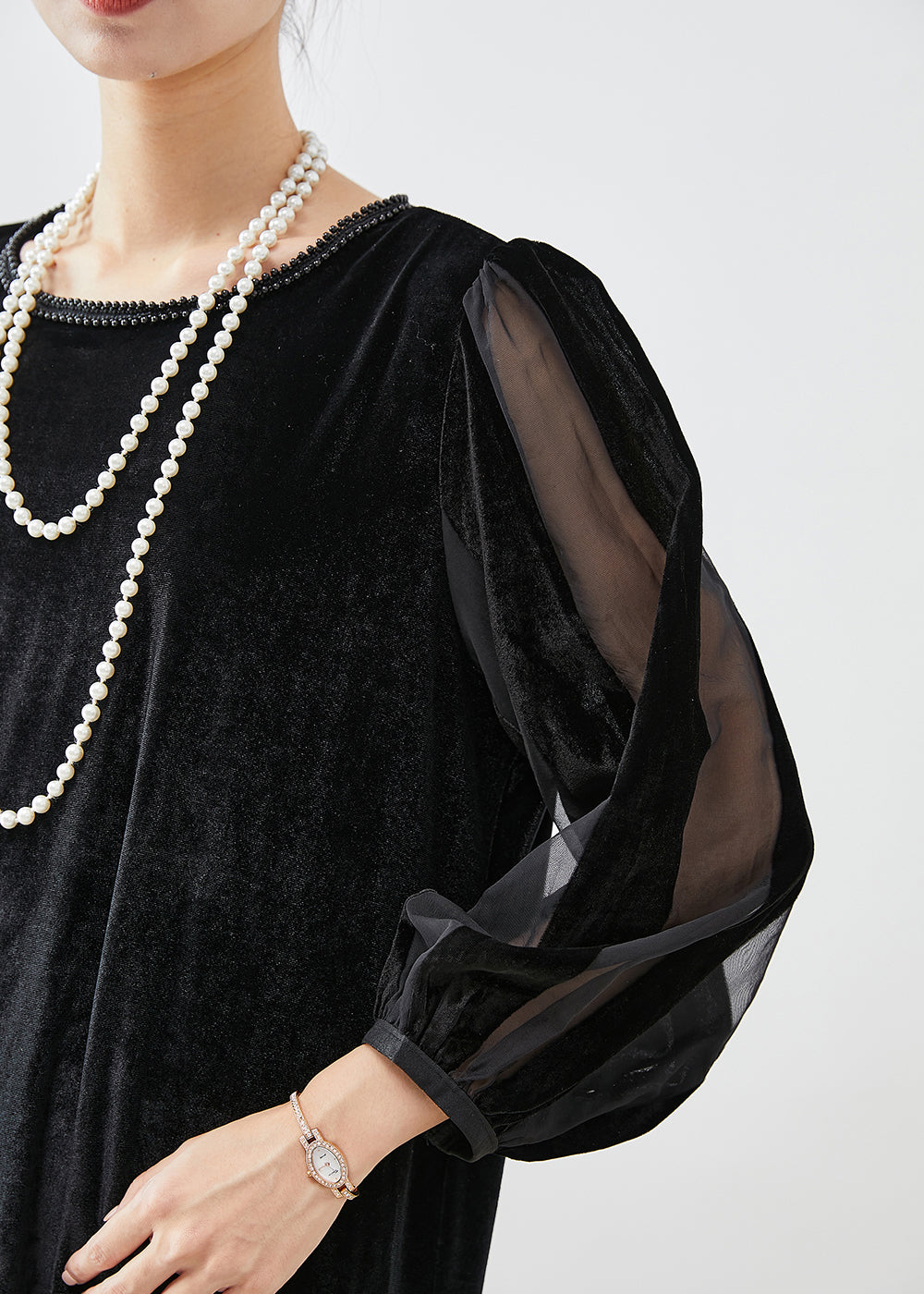 Black Hollow Out Patchwork Silk Velour Maxi Dresses Bracelet Sleeve