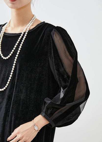 Black Hollow Out Patchwork Silk Velour Maxi Dresses Bracelet Sleeve
