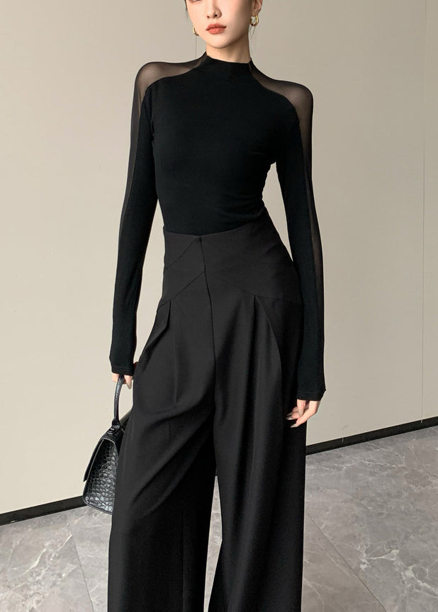 Black Hollow Out Patchwork Silm Fit Tops Spring